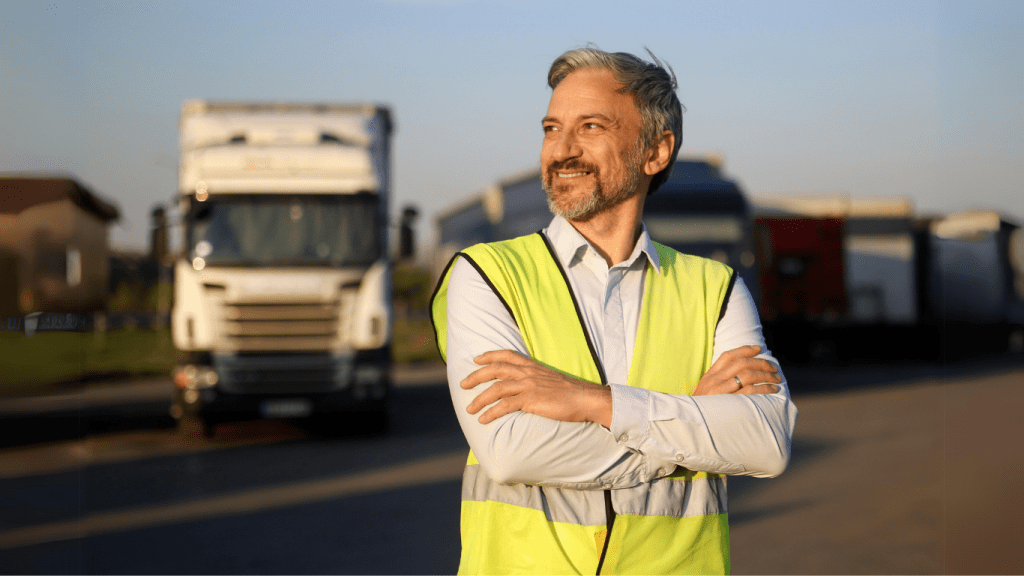 The image shows a man standing confidently with his arms crossed, wearing a high-visibility vest in front of several trucks. He appears to be a truck driver or a logistics professional, looking off into the distance with a slight smile.