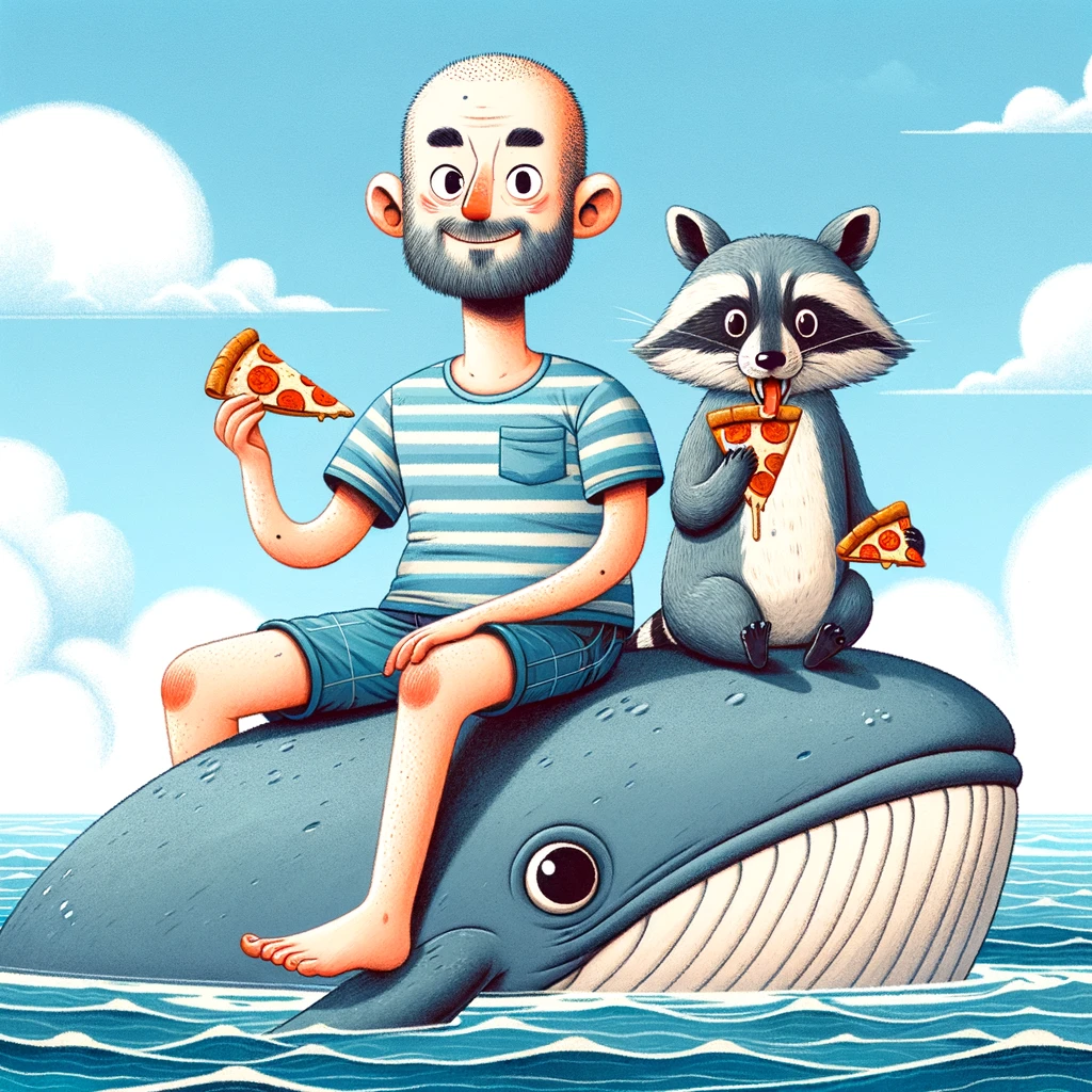 representation of Caleb and what he loves. The image features a bald man in a striped shirt sitting on a whale with a raccoon. Both are eating pizza, creating a playful and surreal scene in the middle of the ocean. The lighthearted and cartoonish style adds to the whimsical atmosphere, with bright colors and friendly expressions.
