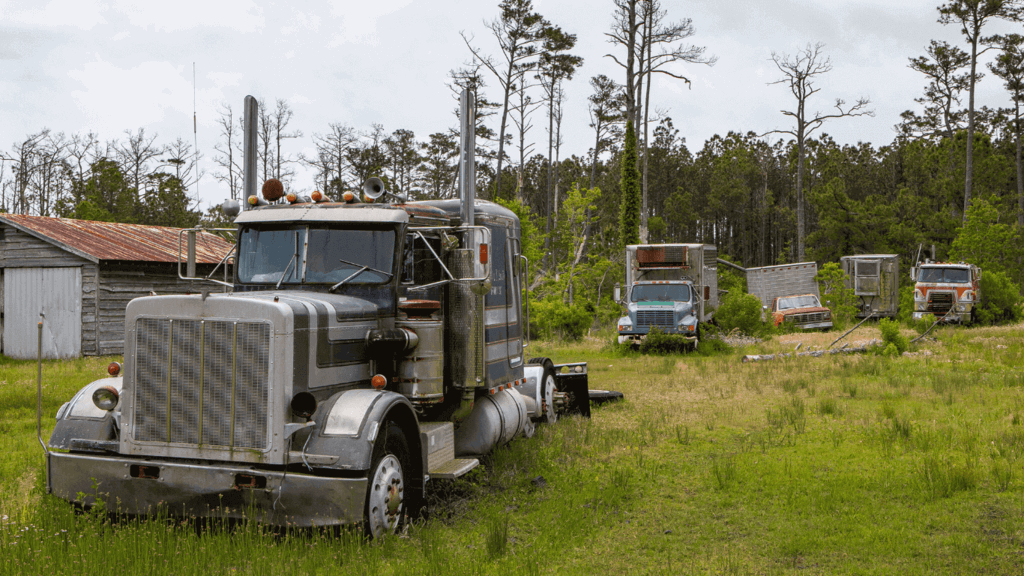broken down old semi truck sitting in a field, in back background more trucks and trailers
